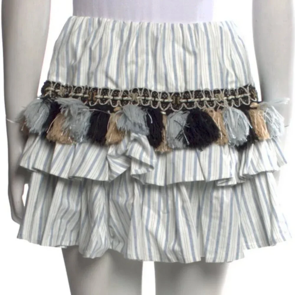 Caroline Constas Pinstripe Tiered Mini Skirt with Tassel Detail Womens Sz Small